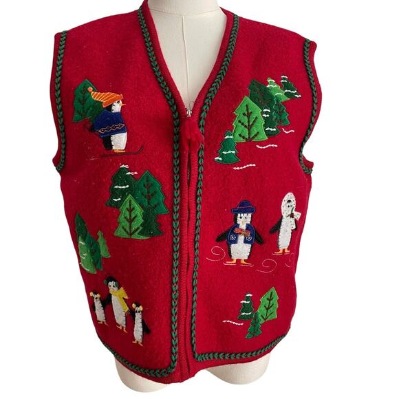 VTG. Christmas Sweater Vest Womens Large Knit Embroidered Wool Penguins Ugly - Picture 1 of 6